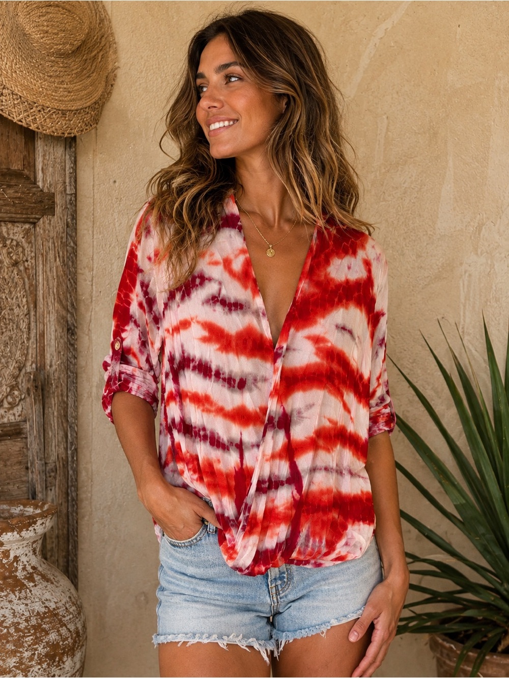 Young Fabulous & Broke Red and White Tie-Dye Wrap Blouse